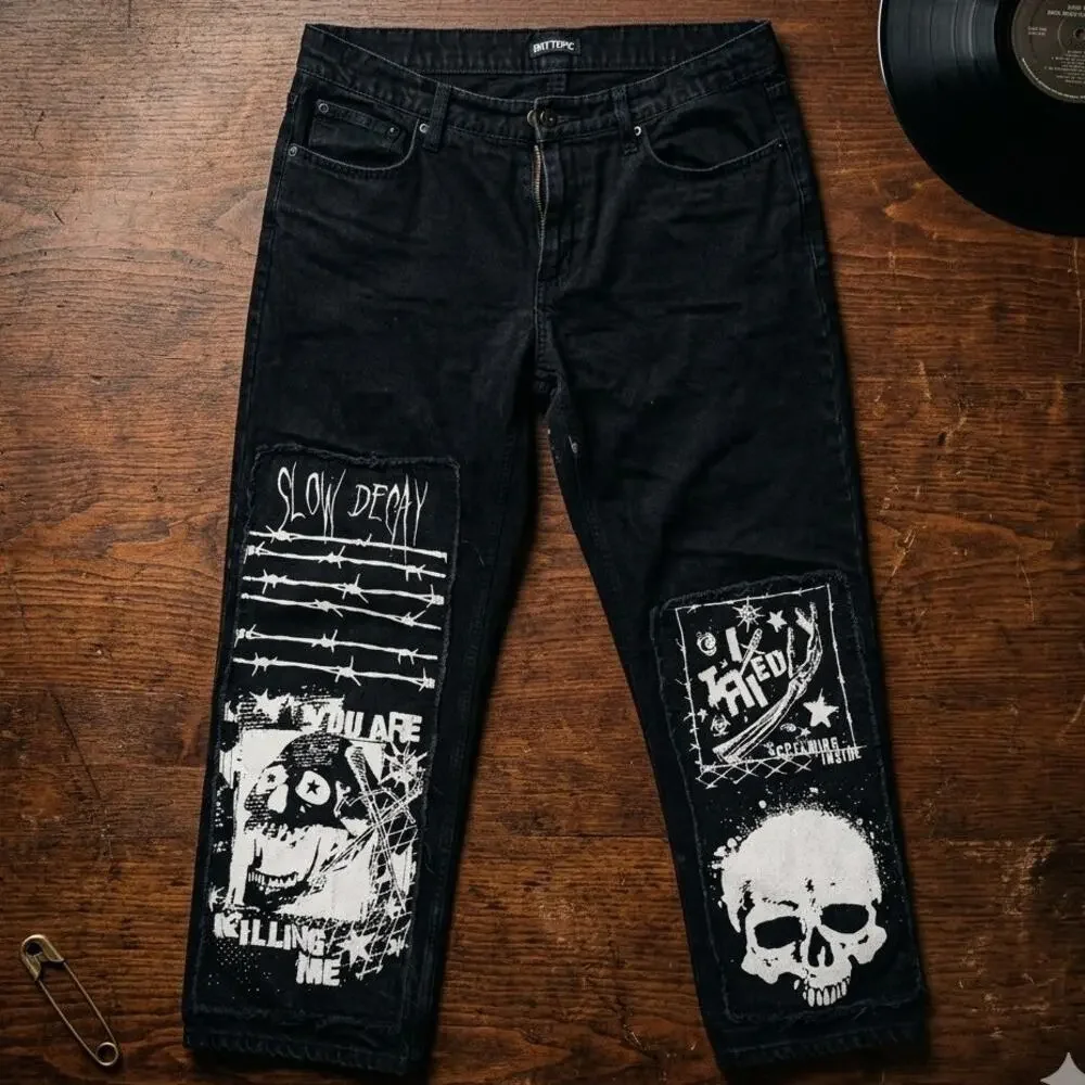 Hot Topic Mall Goth Punk Patchwork Black Denim Jeans Skulls Barbed Wire 32x32